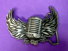 Retro Microphone Flying Mic & Wings Rock Music Silver Color Cutout Belt Buckle