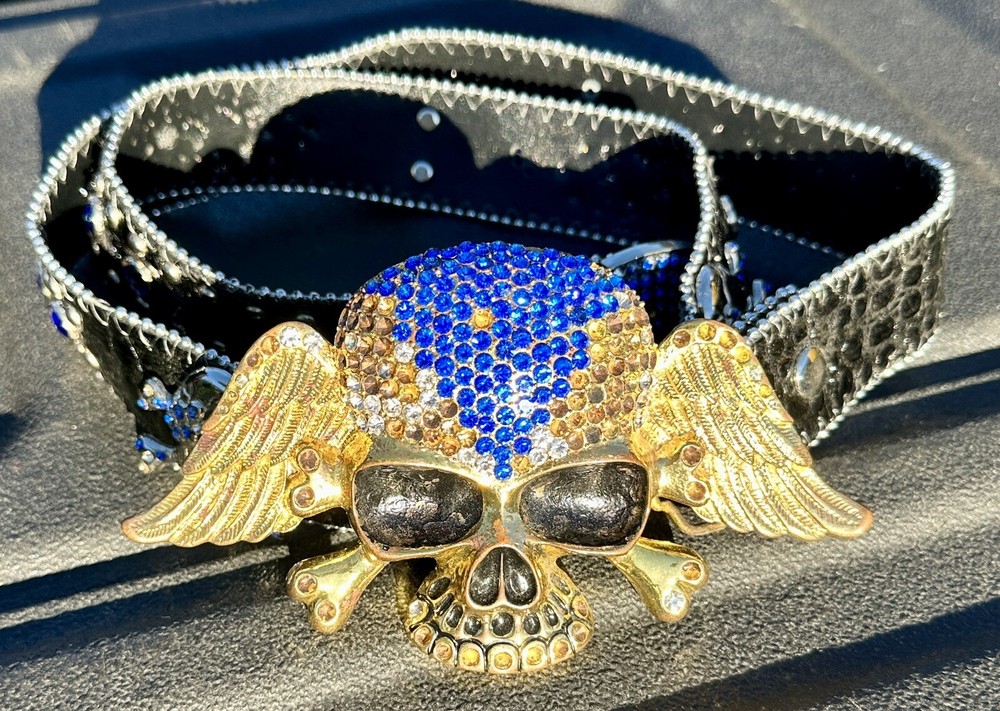 Skull covered in Clear & Blue Rhinestones Belt & Belt Buckle,Missing Some Stones