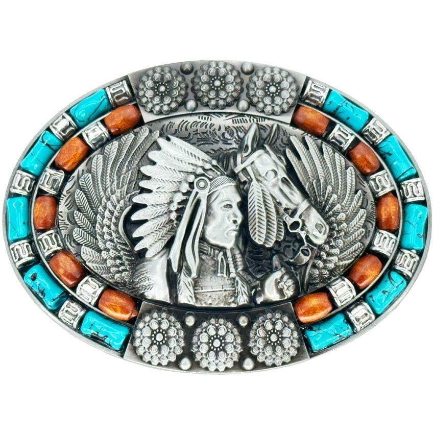 Turquoise Beaded Horse and Indian Warrior Western Belt Buckle BRONZE color