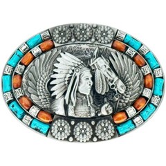 Turquoise Beaded Horse and Indian Warrior Western Belt Buckle BRONZE color