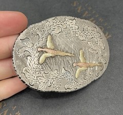 BHJ Co Sterling 10k Multi Color Black Hills Belt Buckle Hand Engraved Pheasants