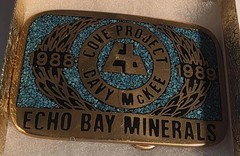 Vintage 1989 Metal Belt Buckle, Solid Brass, Blue Crushed Turquoise Stones, Cove