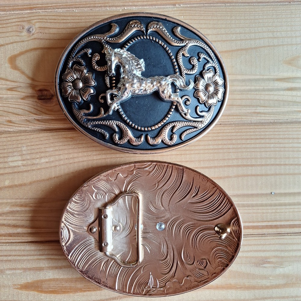 BIG Horse flowers oval western country black & gold belt buckle
