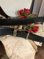 Salvatore Ferragamo Gun Metal tone Rectangle Buckle black leather belt