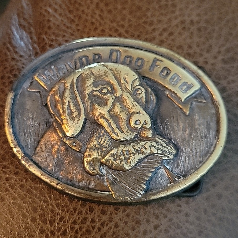 VTG 1980s Hunting Belt Buckle Labrador Brass Wayne Dog Food 50th Annvivarsary
