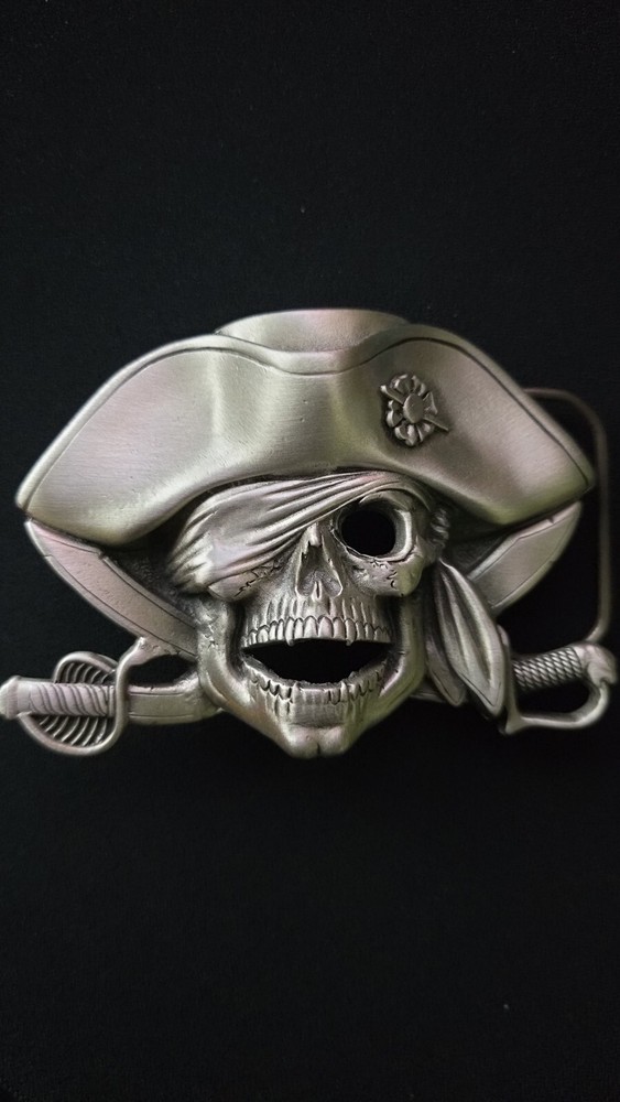 Pirate Skull SILVER SEA Swords Belt Buckle, Solid Fine Pewter USA/Mexico