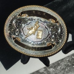 Western Barrel Racing Trophy Belt Buckle P.W.R. Rodney Two Tone Silver Gold Oval