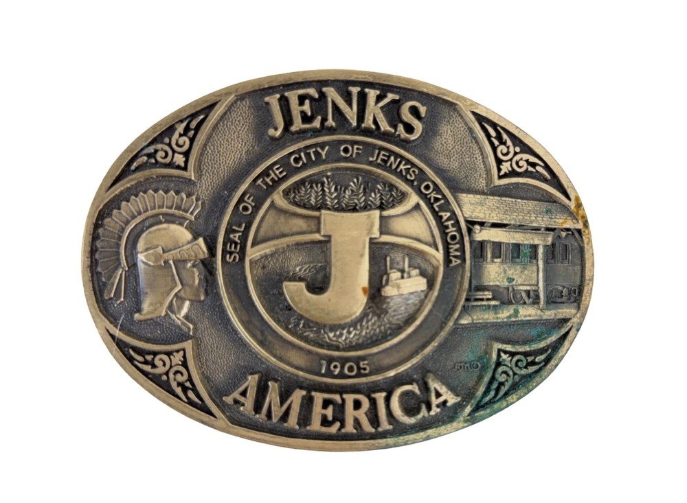 1985 Jenks America Oklahoma Chamber of Commerce Solid Brass Belt Buckle