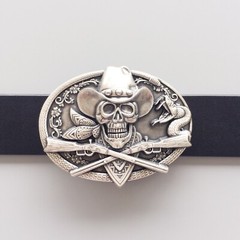 Vintage Silver Plated Skull Rifles Cowboy Metal Belt Buckle
