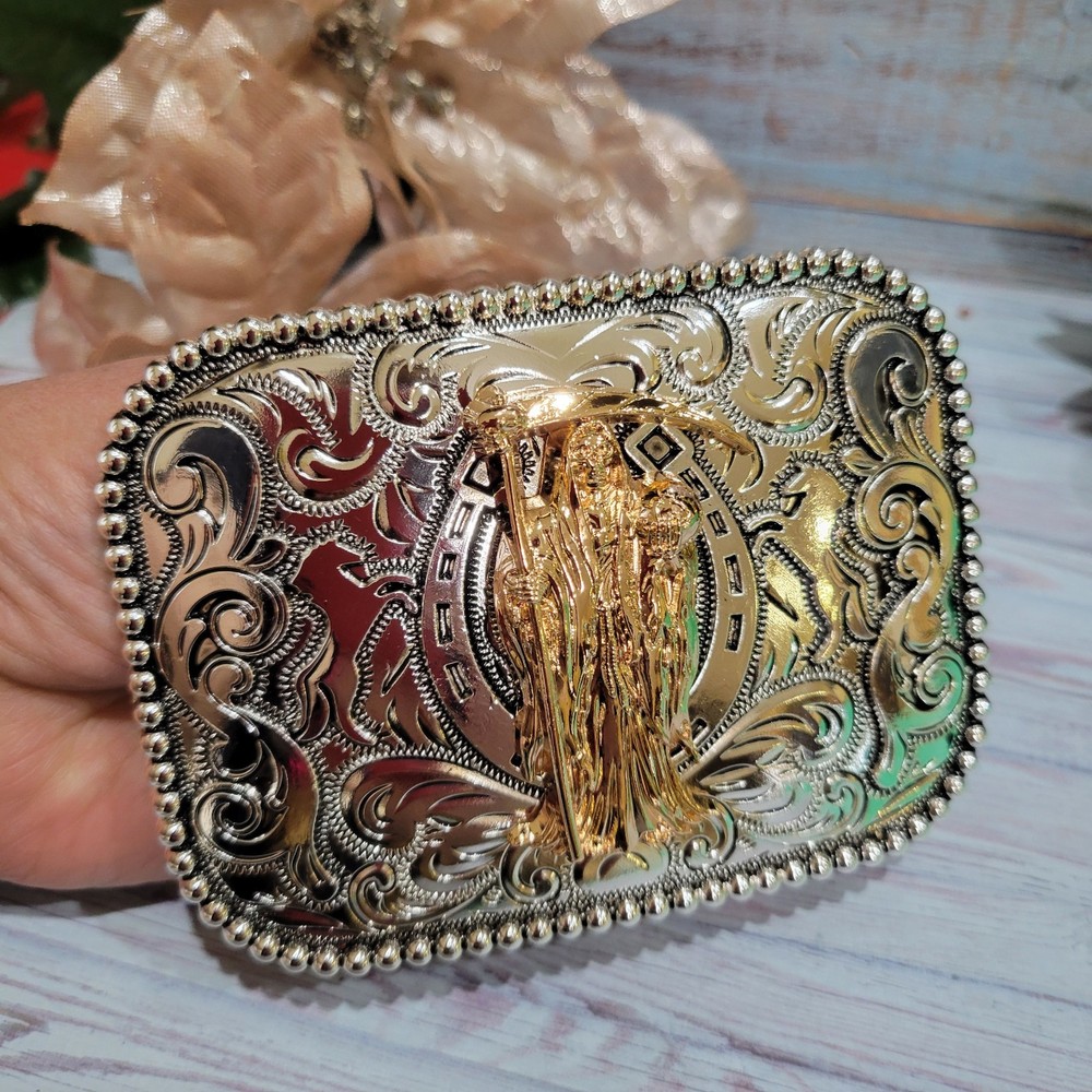 Santa Muerte belt Buckle Grim Reaper Buckle Rosetone Silver Heavy Zinc Alloy