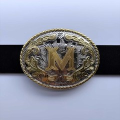 Bright Silver With Gold Initial Letter A-Z Cowboy Cowgirl Oval Belt Buckle