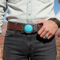 Men Women Western Fashion Belt Buckle Silver Metal Turquoise Blue Bead Cowboys