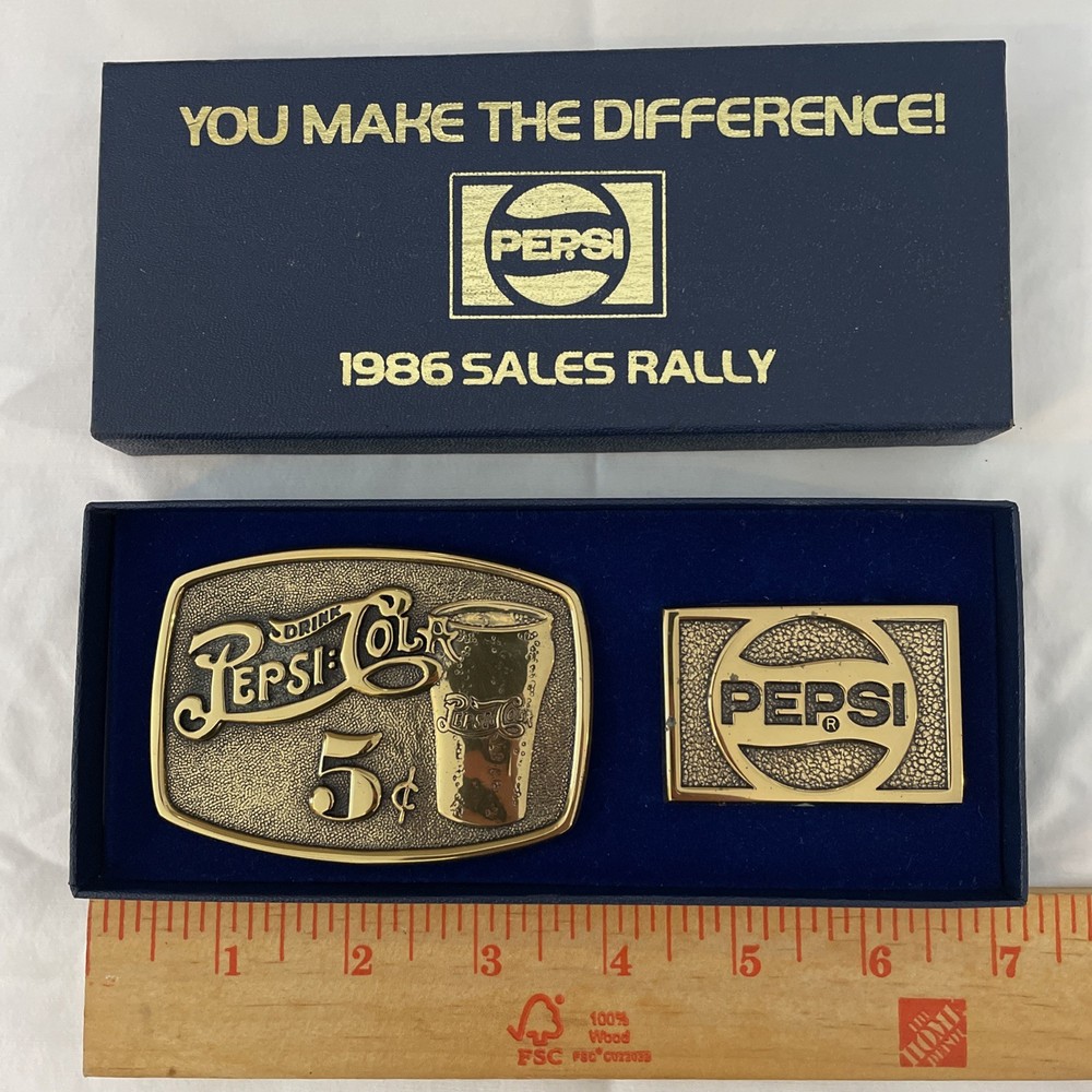 NIB Vintage SET Of 2 Brass PEPSI COLA Soda Pop 1986 SALES RALLY Belt BUCKLES