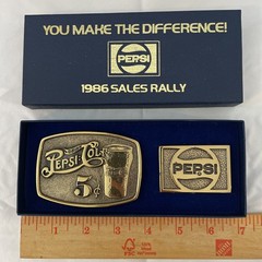 NIB Vintage SET Of 2 Brass PEPSI COLA Soda Pop 1986 SALES RALLY Belt BUCKLES