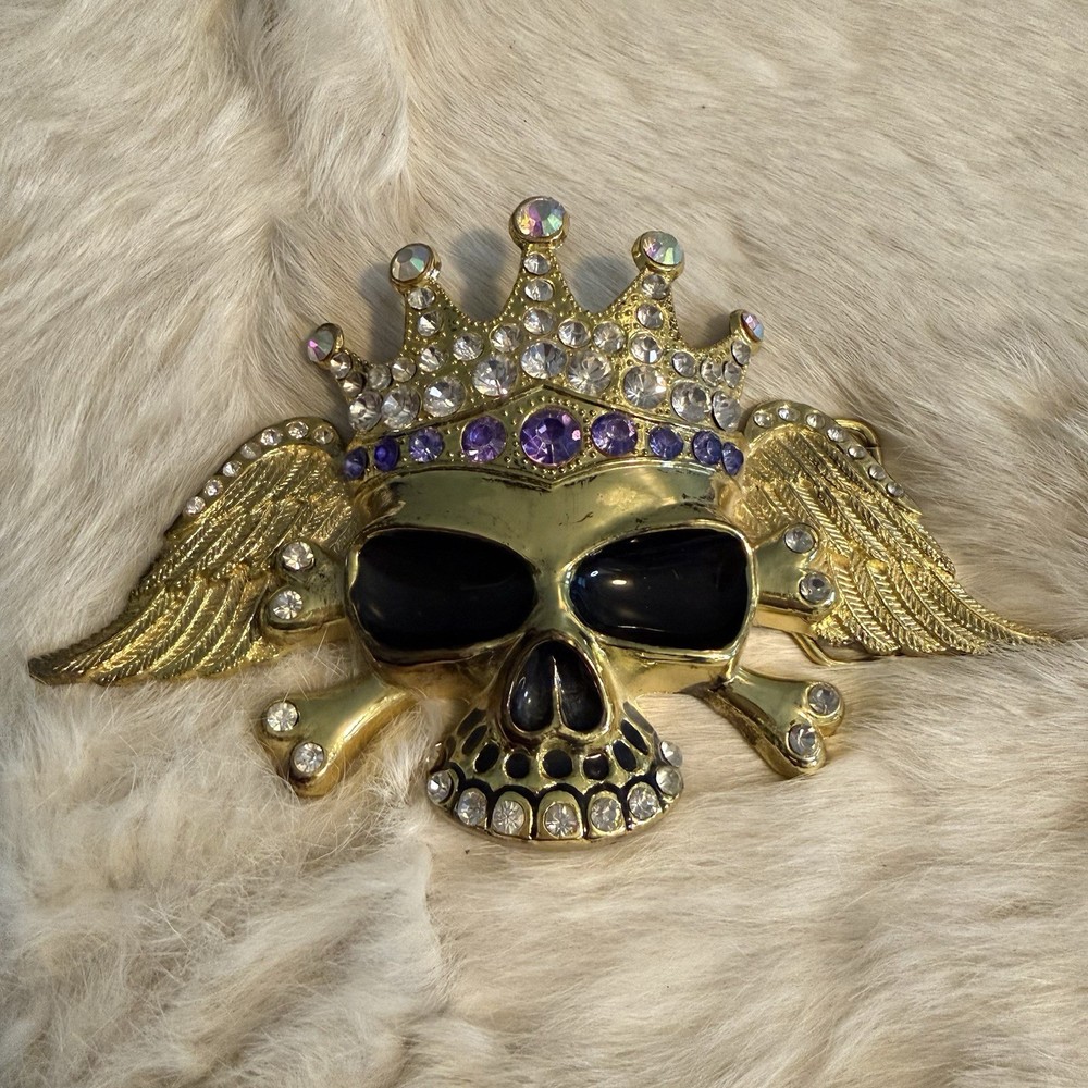 Bling Goldtone Covered Skull Belt Buckle in Clear & Purple Rhinestones