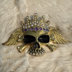 Bling Goldtone Covered Skull Belt Buckle in Clear & Purple Rhinestones