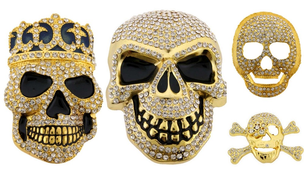 Skull Crossbones Gold Metal Blinged Rhinestones Iced Belt Buckle New Mens Womens