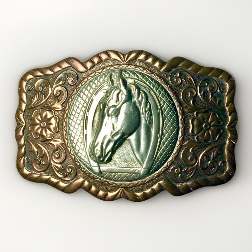 Vintage Belt Buckle Horse Copper Silver Tone Western Horseshoe Ranch Country