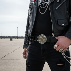 Men Belt Buckle Round 3&Prime; Heavy Metal Dome Skulls Silver Brown Biker Accessory