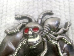 Folk Art Chrome Colored Skull w/Eight Legged Spider Belt Buckle 3&Prime; x 3 3/4&Prime;