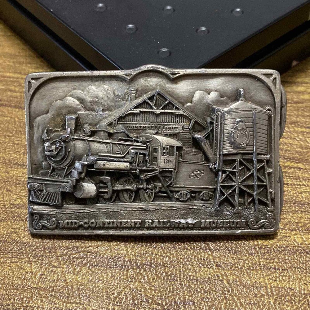 Vintage Pewter Mid Continental Railway Museum Wisconsin Engine Train Belt Buckle
