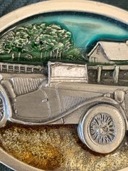 VINTAGE Belt Buckle PEWTER/ENAMEL Antique Convertible Car Fence Farm House 1984