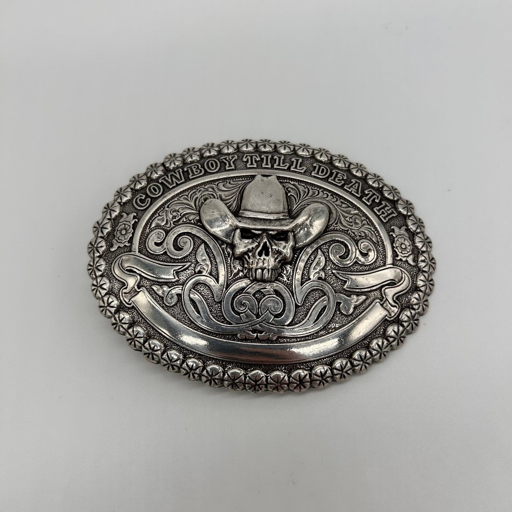 Cowboy Till Death Western Skull Belt Buckle Silver Tone Crumrine Floral Men&rsquo;s