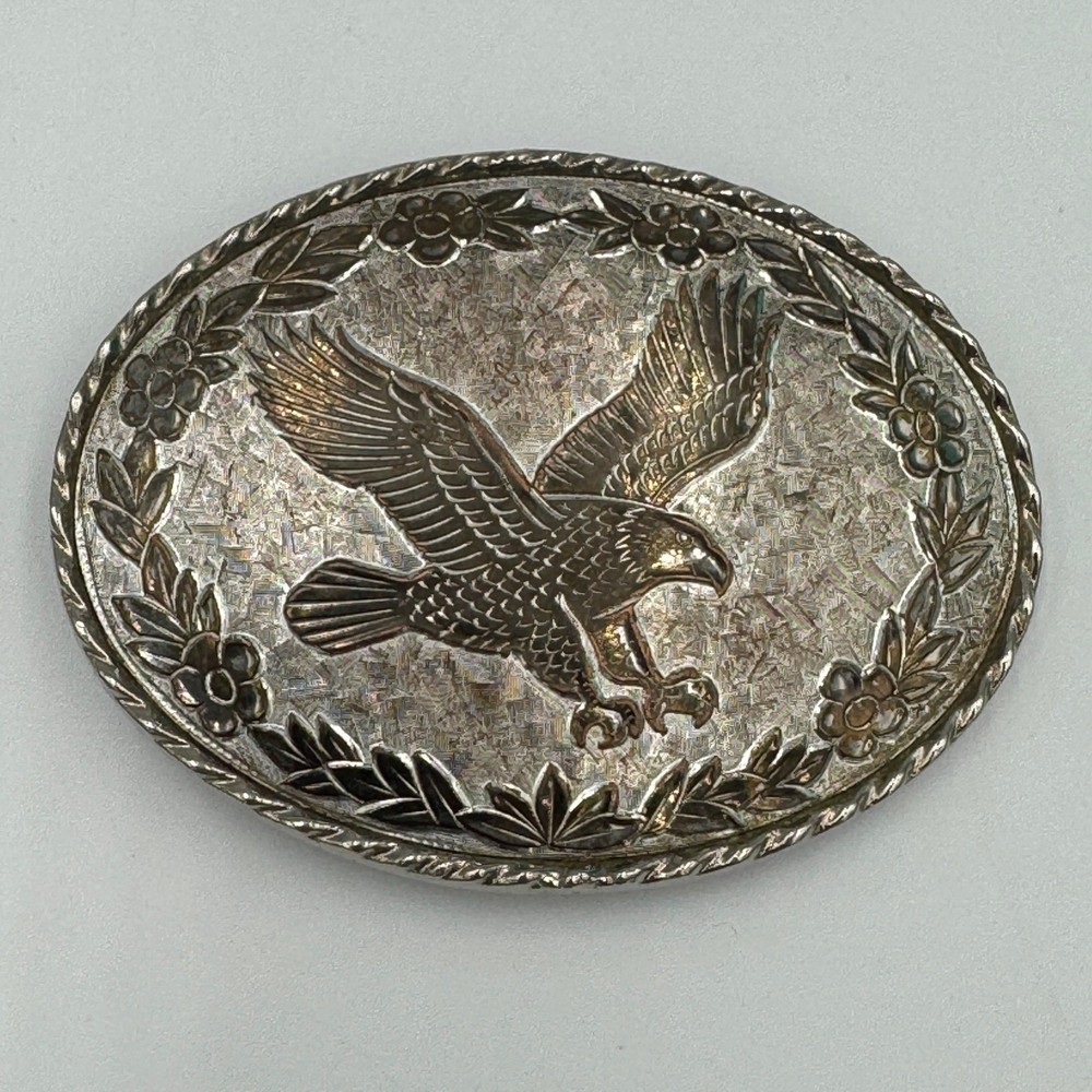 Vintage W USA Silver Tone Bald Eagle Western Belt Buckle Floral Oval Americana
