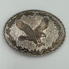 Vintage W USA Silver Tone Bald Eagle Western Belt Buckle Floral Oval Americana