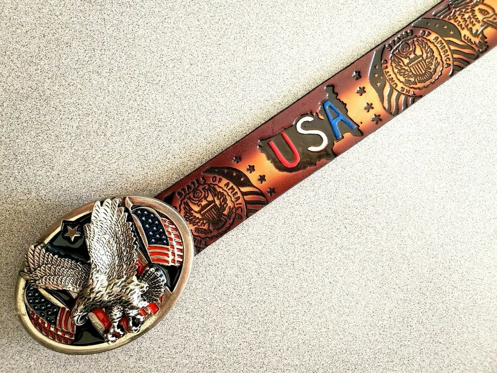 USA Patriotic Genuine Leather Belt & Epoxy USA EAGLE Buckle (28&Prime;-54&Prime; waist)