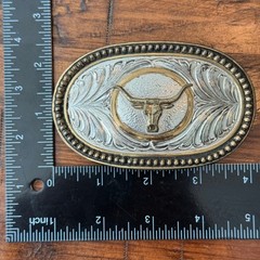Western Longhorn Bull Belt Buckle Silver Gold Tone Floral Scroll Oval Cowboy
