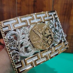 Centenario Cowboy Belt Buckle Western Rodeo Silver & Rose Gold Faux 50 Peso