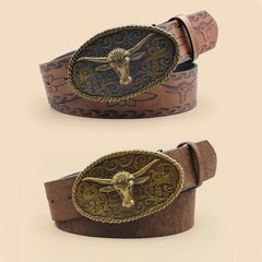 Retro Western Style Casual Belt with Antiqued Alloy Bullhead Buckle, a Versatile