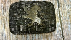 Heraldic Rampant Lion Grid Pattern Brass Tone Belt Buckle, Made in Italy