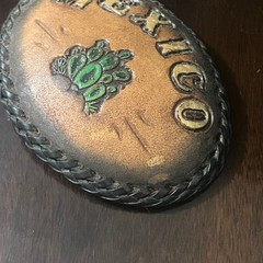 Vintage Tooled & Painted Mexico Souvenir Leather Belt Buckle Cactus Aluminum 70s