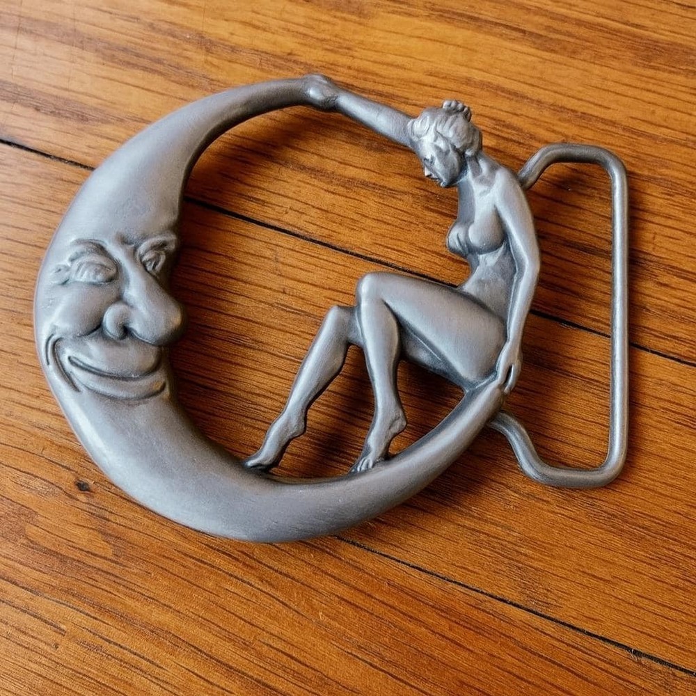 Woman on the Moon Pewter Belt Buckle Sexy Lady Art Deco Vintage Style