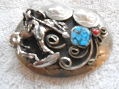 Sterling Native American Belt Buckle – Buffalo Nickels Turquoise/Coral 76g TW