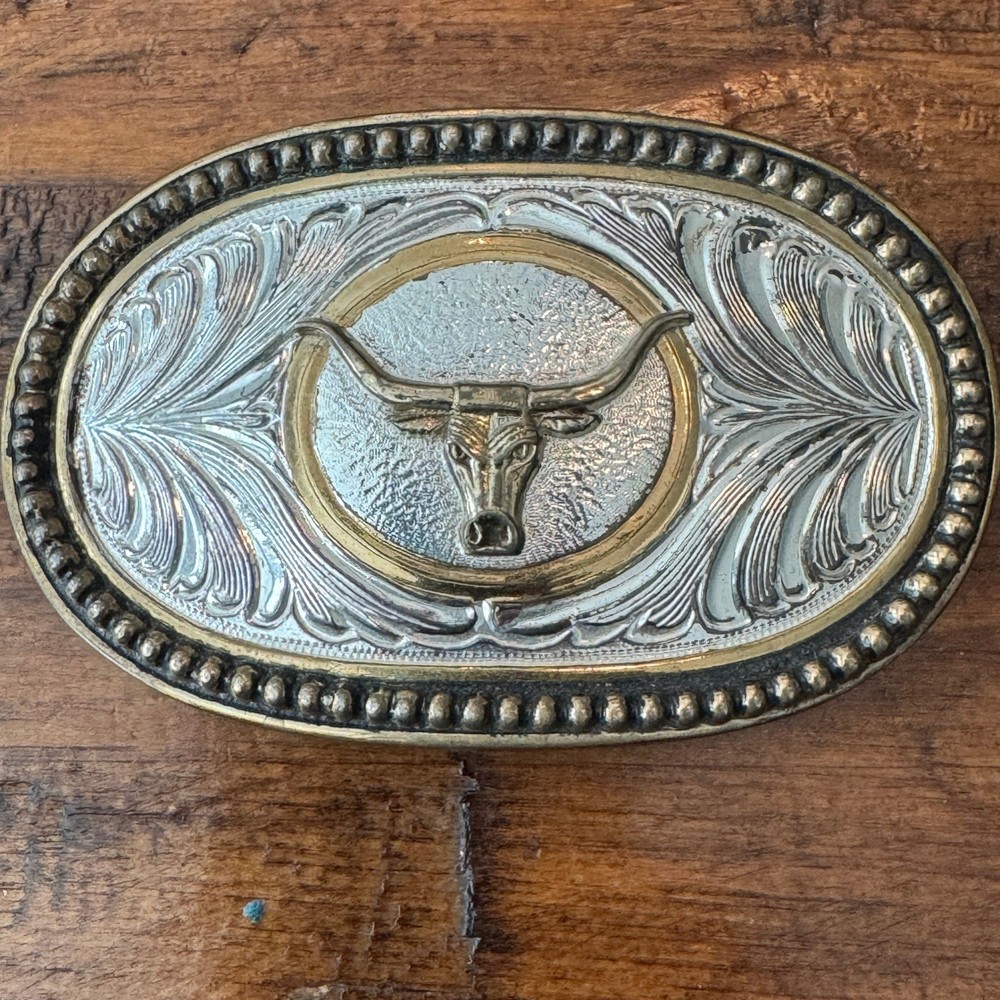 Western Longhorn Bull Belt Buckle Silver Gold Tone Floral Scroll Oval Cowboy