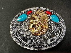 Native American Indian Chief in Head Dress Faux Turquoise & Coral Belt Buckle