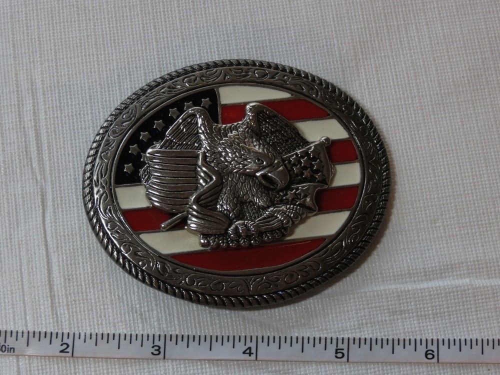 United States flag eagle enamel belt buckle Red white Blue silver Patriot Stars~