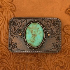 Copper Turquoise Western Belt Buckle Engraved Bronze Flower Cowboy Style