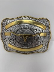 Crumrine Western Rectangle LONGHORN SKULL Belt Buckle.