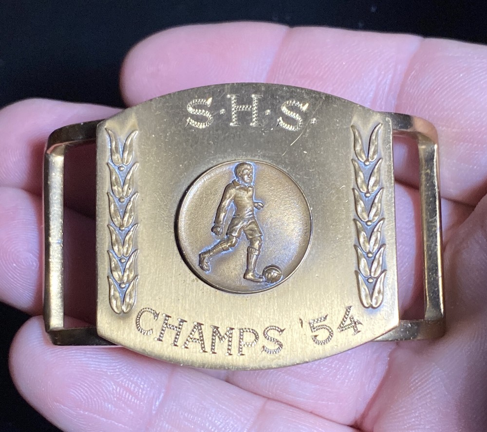 Jostens Vintage 1954 Soccer engraved 3D belt buckle S.H.S. Champs &rsquo;54 Futbol