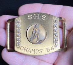 Jostens Vintage 1954 Soccer engraved 3D belt buckle S.H.S. Champs &rsquo;54 Futbol