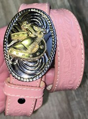 Horse Shoe Pink Tooled Leather Belt Buckle Barrel Rider Rodeo 26 Cowgirl Country