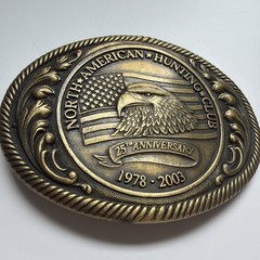 North American Hunting Club Brass Belt Buckle 25th Ann 1978-2003 Oval Eagle Flag