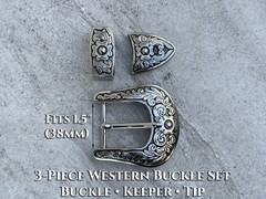 Western 3-Piece Belt Buckle Set Floral Engraved Silver Bronze Cowboy Rodeo Style