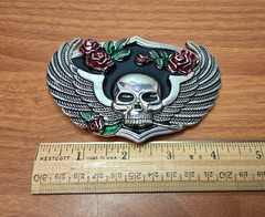 Winged Skull with Roses Metal Enamel Belt Buckle Silver Black Red fits 1.5&Prime; Belt