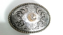 Nocona Western Belt Buckle Silver Gold Floral Oval Letter C