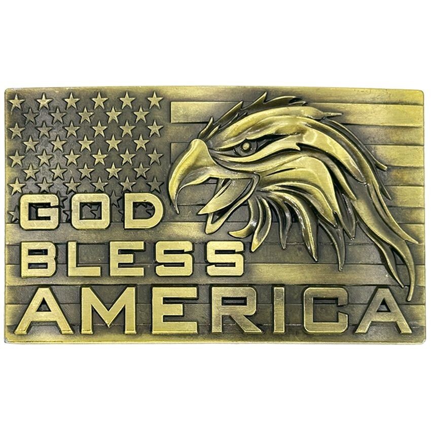 Bronze God Bless America Belt Buckle USA Flag and Eagle Patriotic Buckle